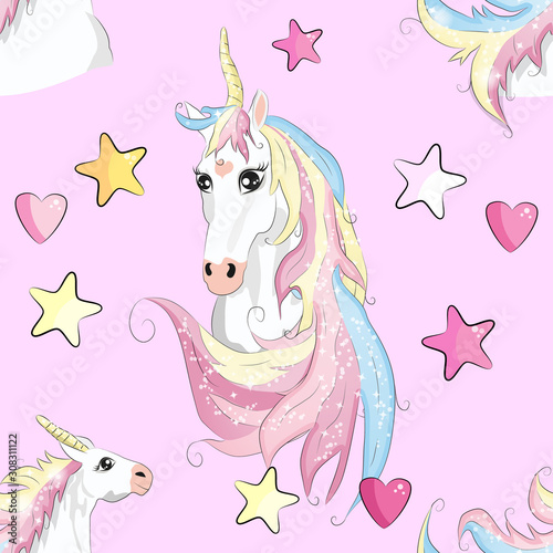Cartoon seamless pattern. Unicorn with rainbow and clouds  designed print.