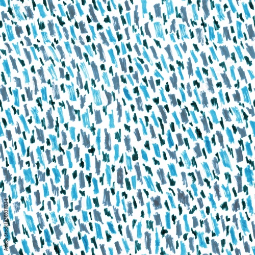 Abstract blue splashes seamless pattern on a white background. Hand painted textures  gouache or oil painting  splashes  drops of paint  strokes of paint.