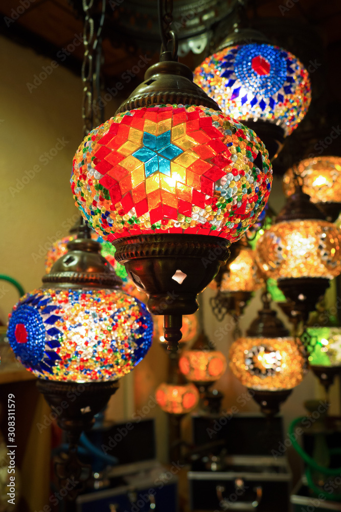 Traditional Turkish colored glass lamp hanging in shop
