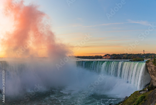 Niagara Falls is a group of three waterfalls at the southern end of Niagara Gorge  between the Canadian province of Ontario and the US state of New York