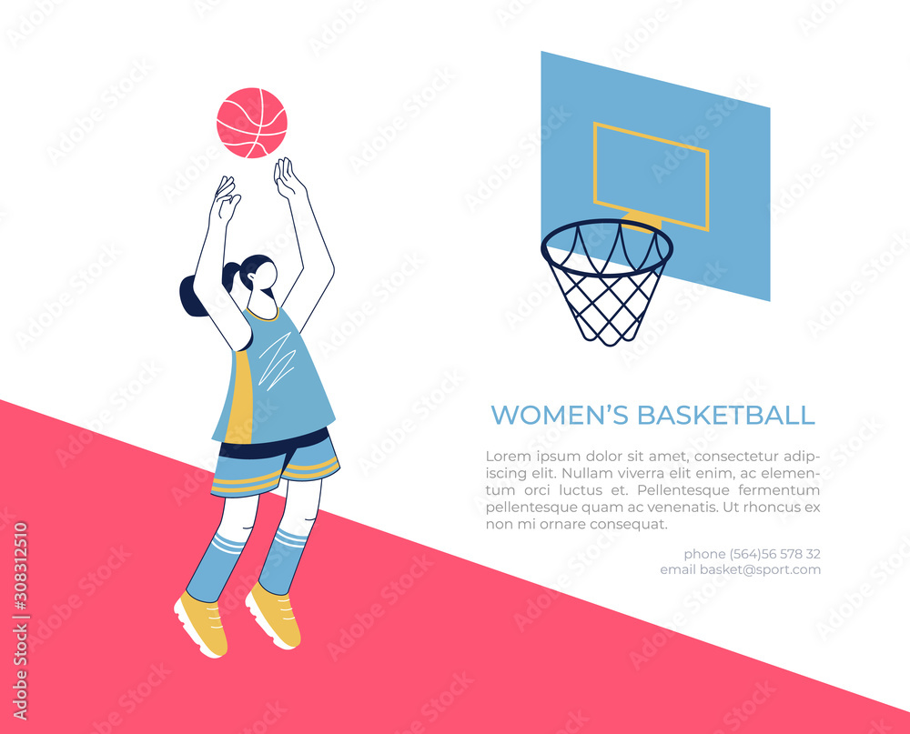 Woman playing basketball concept. Girl throwing ball to the basket. Vector illustration.