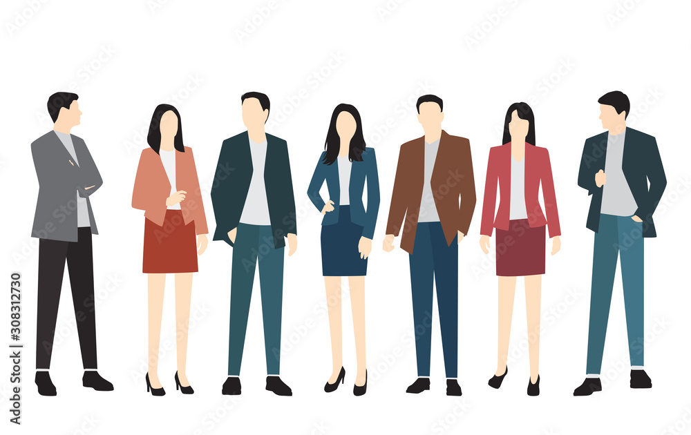 Obraz premium Set of silhouettes of men and women in business suits of different colors, vector cartoon character, group of standing business people, flat icon design concept isolated on white background