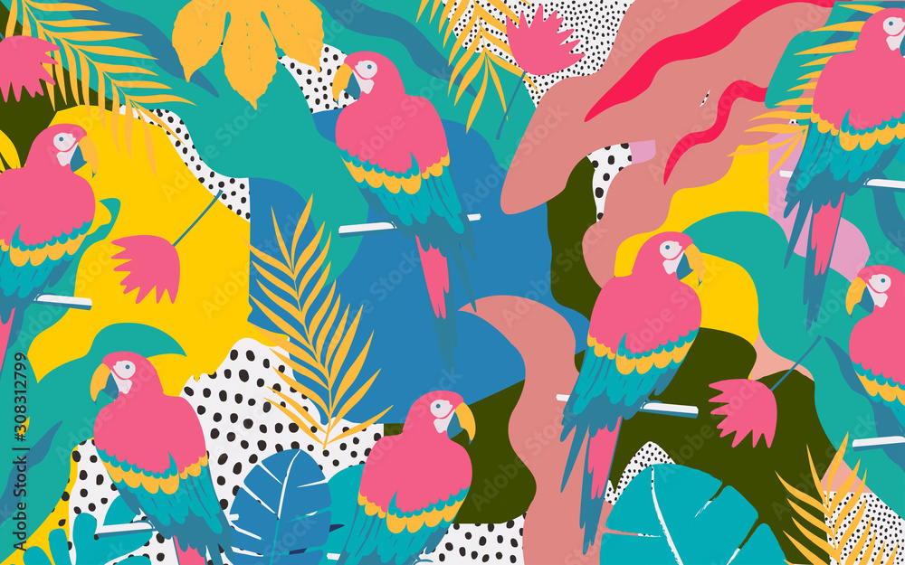 Colorful flowers and leaves poster background with parrots vector illustration design. Exotic tropical plants art print for travel and holiday, fashion, spa and wellness, wedding and events