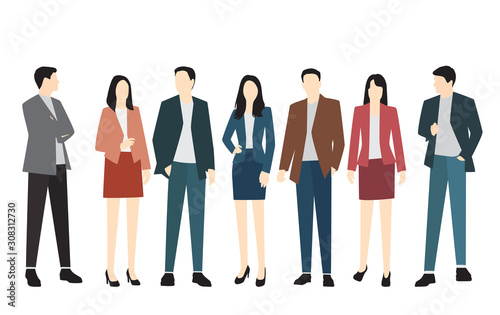 Set of silhouettes of men and women in business suits of different colors, vector cartoon character, group of standing business people, flat icon design concept isolated on white background