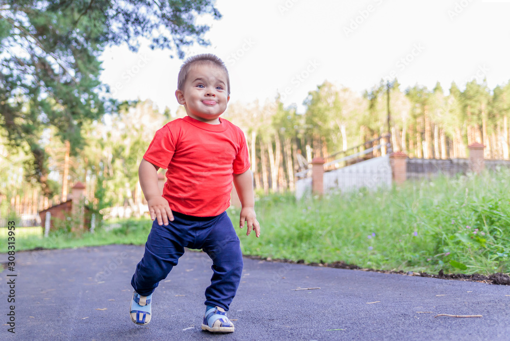 portrait of smiling little boy on the street. cute cheerful baby walking in the Park. happy child