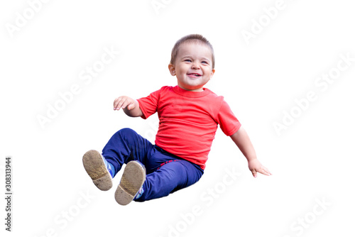 happy little baby on white isolated background, baby joyful smiling sitting. little boy sitting on the floor playing
