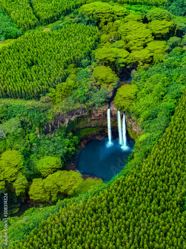 Aerial view of Wailua Waterfalls in Hawaii