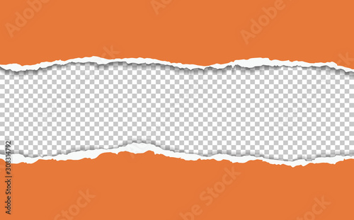 Torn, ripped pieces of horizontal orange paper with soft shadow are on squared background. Vector illustration