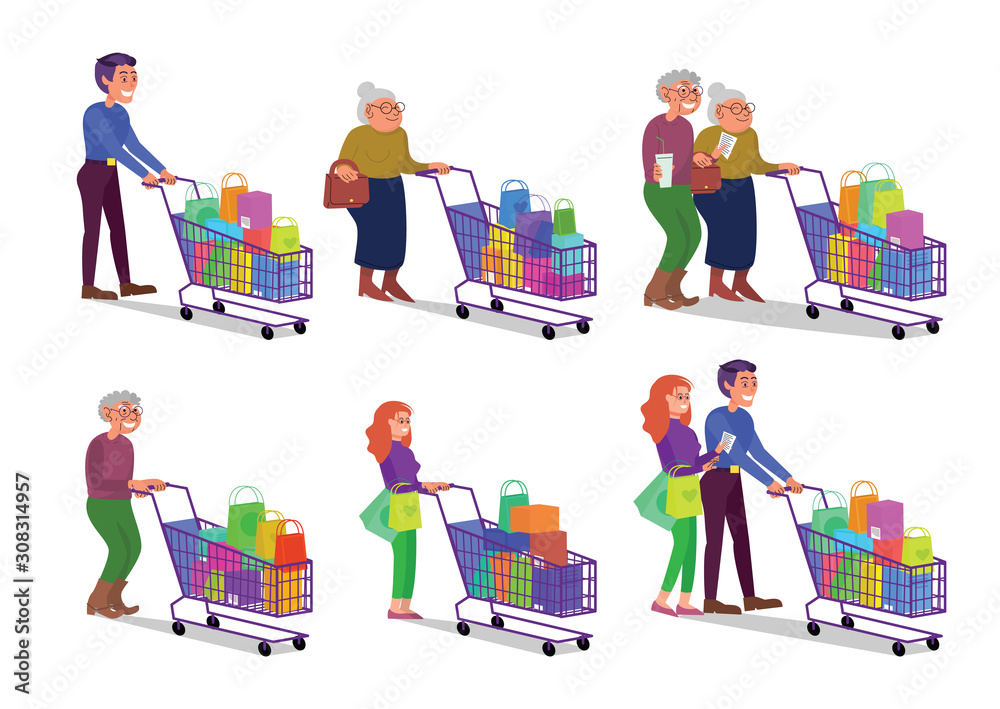 Set of caucasian adult and retired couples walking with shopping cart full of purchases. Happy smiling man and woman in shop. Flat style stock vector illustration, isolated on white background.