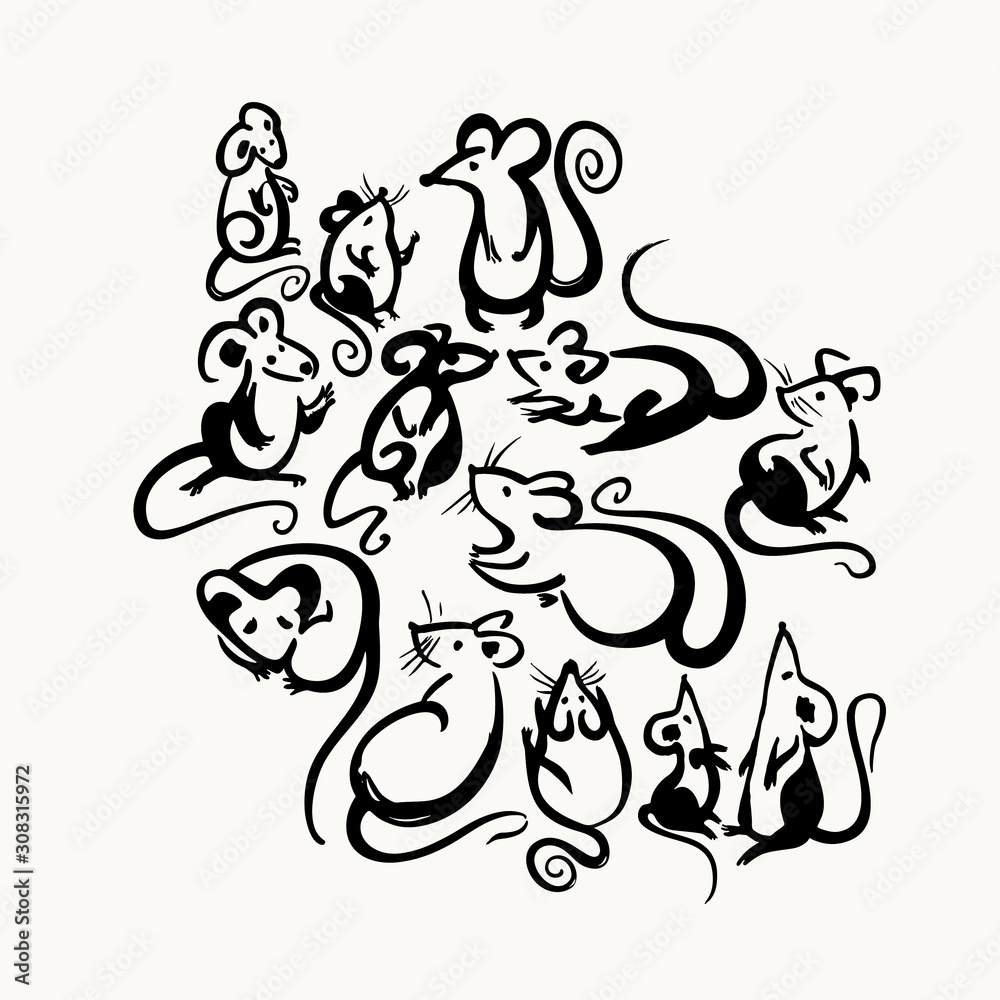Handwritten Rats 2020. Set of brush drawn cartoon mice. Ink brush calligraphy. Year of the rat on the Chinese calendar.