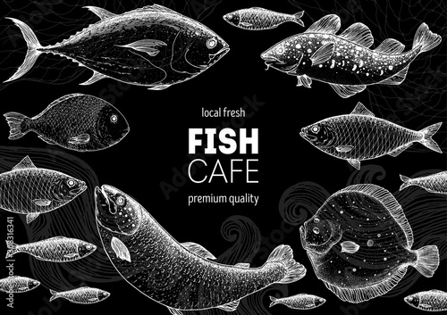 Fish sketch collection. Hand drawn vector illustration. Seafood frame vector illustration. Food menu illustration. Hand drawn tuna, salmon, flounder, cod fish, herring. Engraved style.