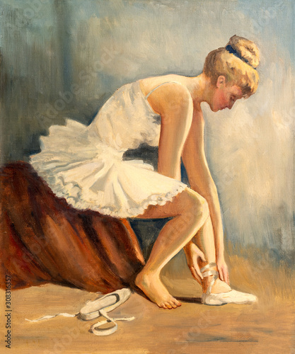 Fototapeta Naklejka Na Ścianę i Meble -  Vintage oil painting of young ballerina siting down getting ready for practice.