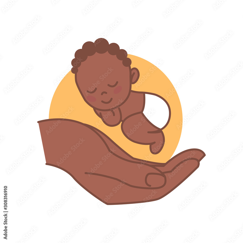 Sleeping Newborn on Hand. Isolated. Baby care.