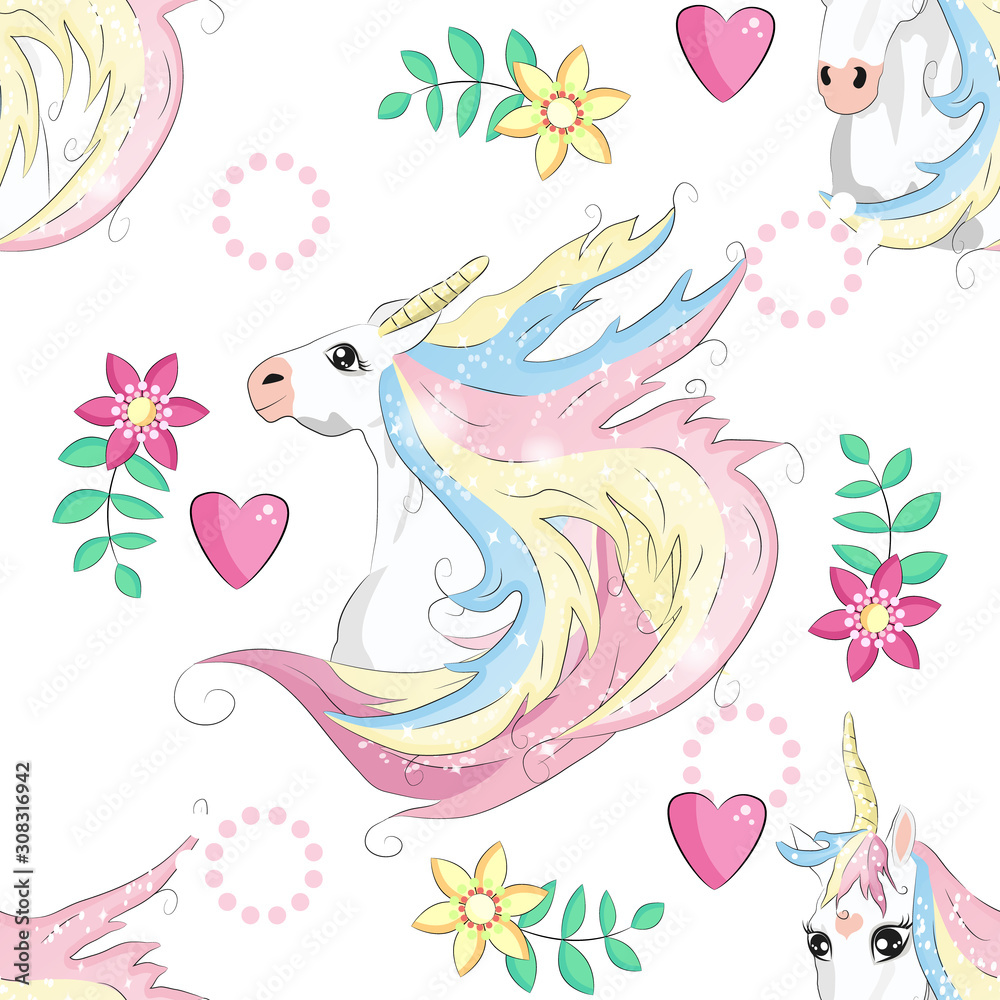 Cartoon seamless pattern. Unicorn with rainbow and clouds, designed print. Cartoon seamless pattern. Unicorn with rainbow and clouds, designed print.