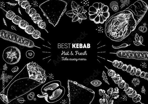 Doner kebab and ingredients for kebab, sketch illustration. Arabic cuisine frame. Fast food menu design elements. Shawarma hand drawn frame. Middle eastern food. photo