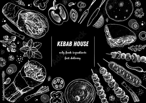 Doner kebab and ingredients for kebab, sketch illustration. Arabic cuisine frame. Fast food menu design elements. Shawarma hand drawn frame. Middle eastern food.