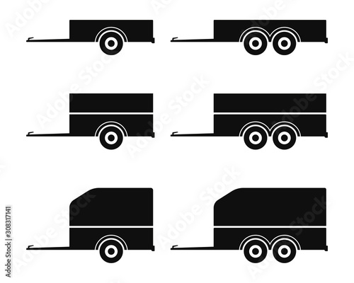 Car trailer icon set. Vector drawing. Black silhouette. Isolated object on a white background. Isolate.