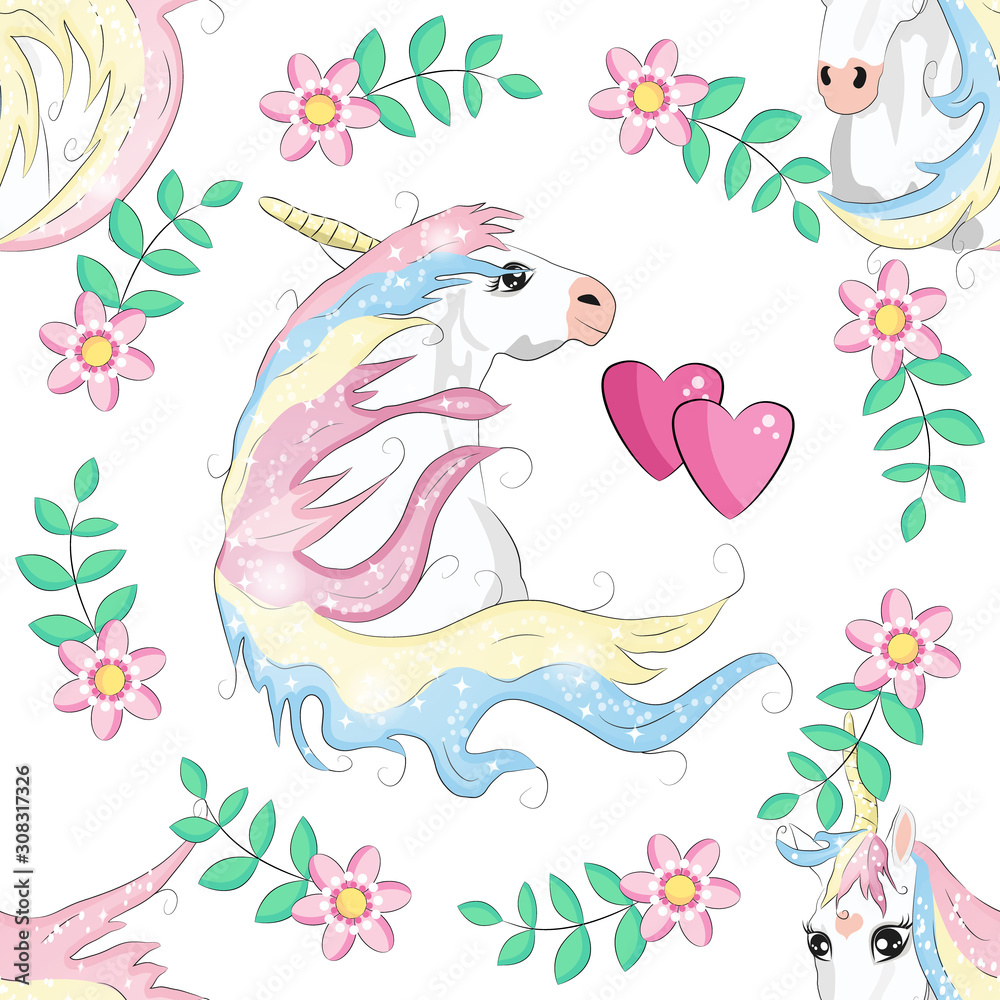 Cartoon seamless pattern. Unicorn with rainbow and clouds, designed print. Cartoon seamless pattern. Unicorn with rainbow and clouds, designed print.