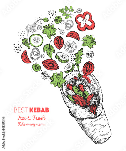 Doner kebab and ingredients for kebab, sketch illustration. Flying salad concept. Arabic cuisine frame. Fast food menu design elements. Shawarma hand drawn. Middle eastern food.