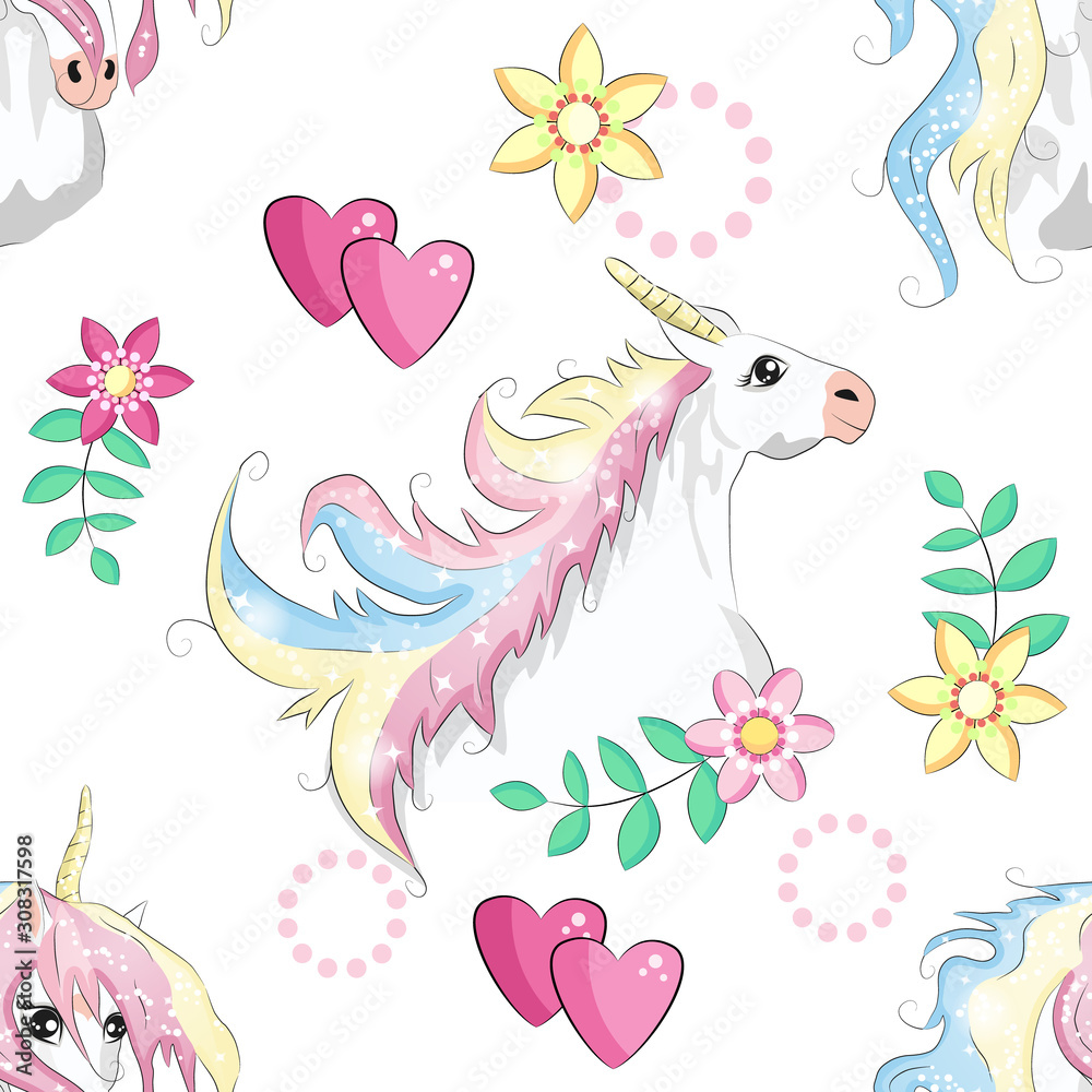 Cartoon seamless pattern. Unicorn with rainbow and clouds, designed print. Cartoon seamless pattern. Unicorn with rainbow and clouds, designed print.