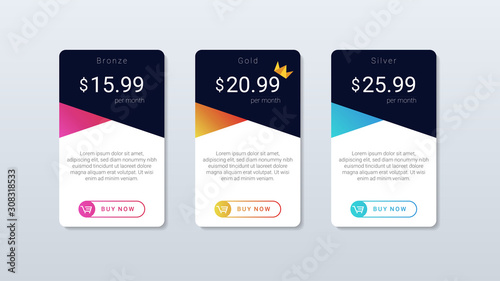 Modern and simple pricing table colorfull design, for web and mobile aplicaion.
