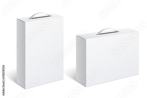 Realistic White Package Box with handle. For Software, electronic device and other products. Vector illustration.