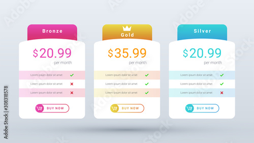 modern and clean pricing table plan with vibrant gradient color for web and mobile application.