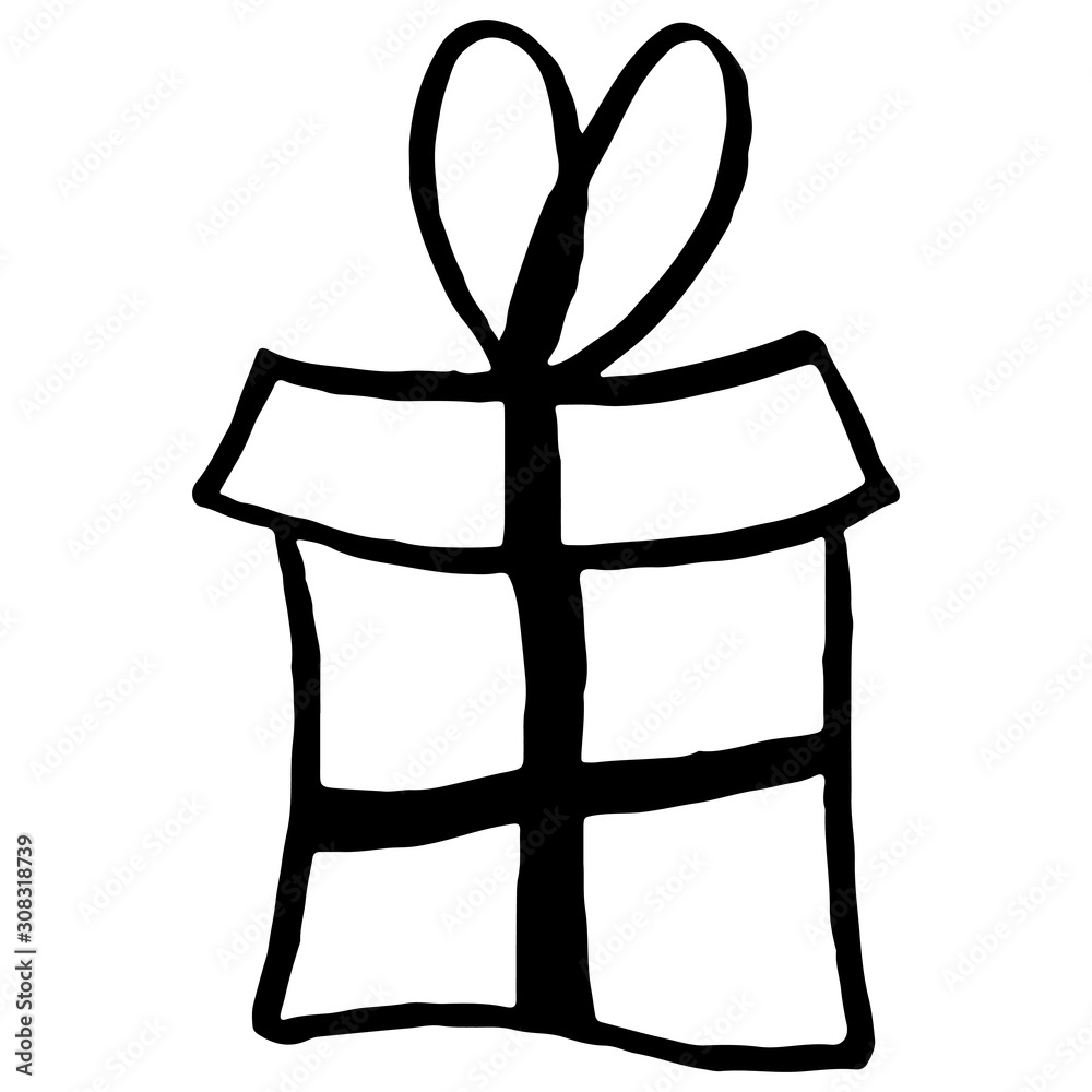 Vector black contour of christmas simple rectangular box for gift with a bow. Christmas winter illustration for children, adult coloring books. Vector black contour of christmas simple rectangular box for gift with a bow. Christmas winter illustration for children, adult coloring books.