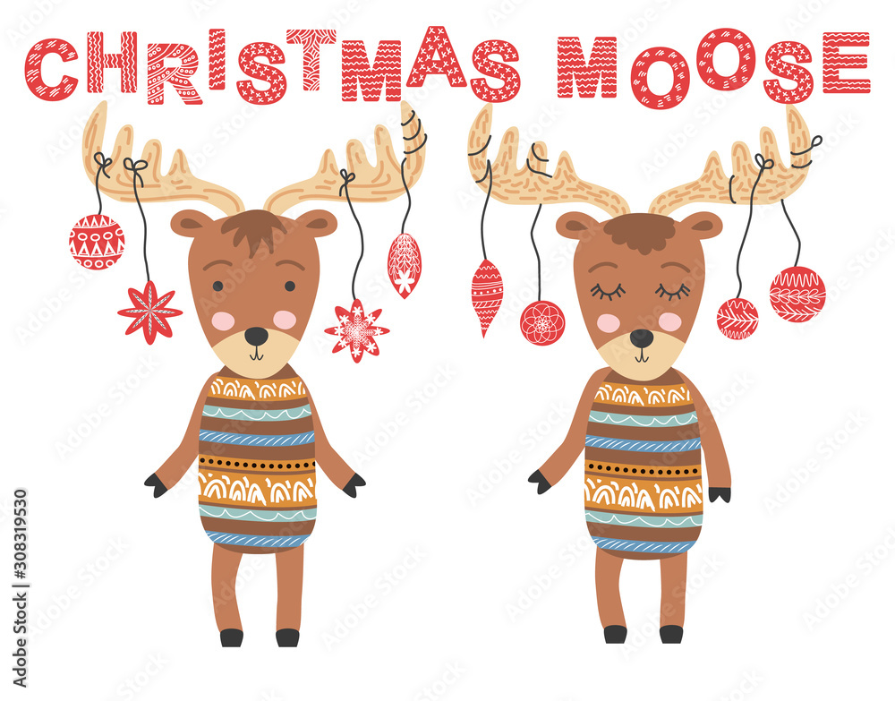 Christmas moose. Scandinavian moose, children's print, poster, design, hand drawing, quote