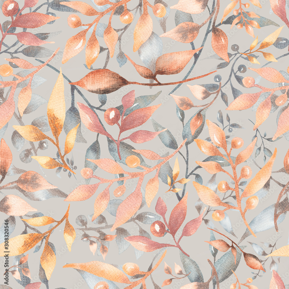 Seamless watercolor pattern with  floral in trendy dark, burgundy, grey yellow and grey neutral colors.  modern color.Hand drawn decor patterns with florals decoration.