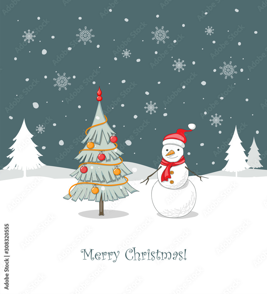 Christmas card with fir-tree and snowman