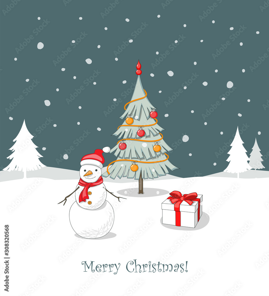 Christmas card with fir-tree, gift box and snowman