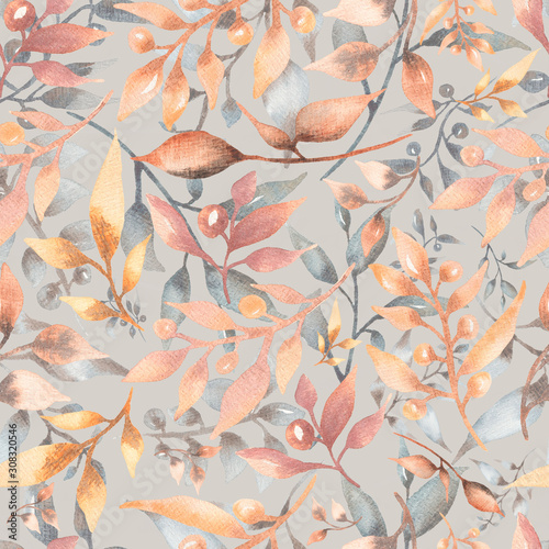 Seamless watercolor pattern with  floral in trendy dark  burgundy  grey yellow and grey neutral colors.  modern color.Hand drawn decor patterns with florals decoration.
