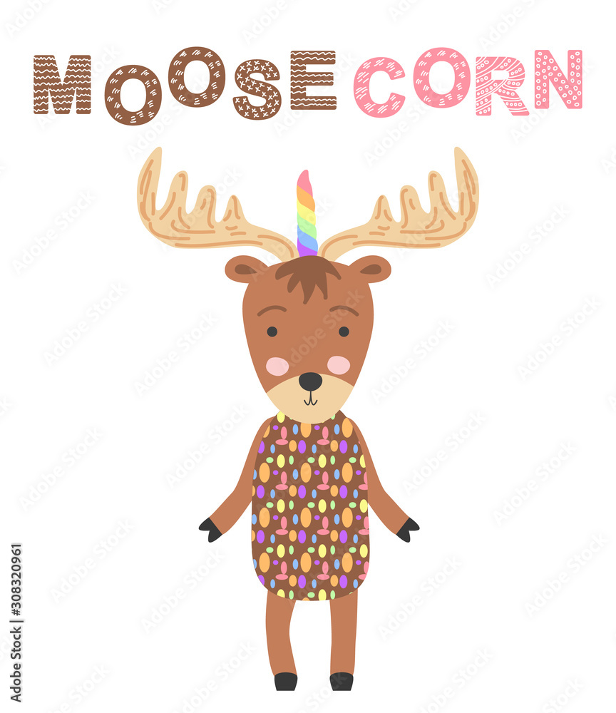 Fototapeta premium moosecorn. Scandinavian-style moose head with unicorn horn, kids print, poster, design