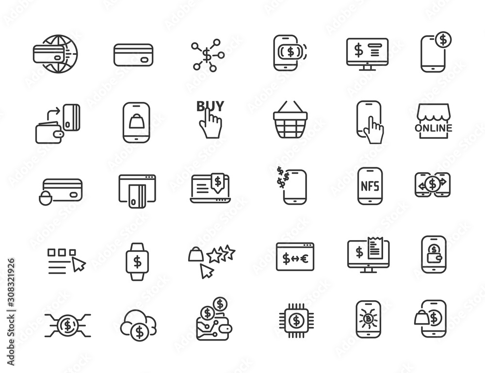 Set of linear online payment icons. Online bank in simple design. Vector illustration Set of linear online payment icons. Online bank in simple design. Vector illustration