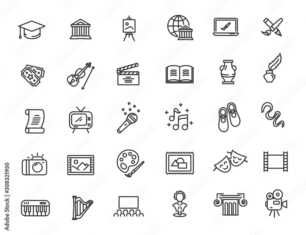 Fototapeta premium Set of linear culture icons. Art icons in simple design. Vector illustration