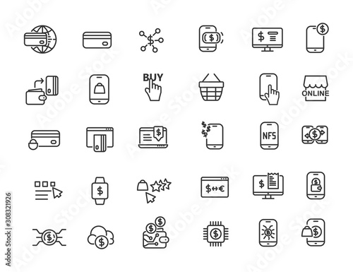Set of linear online payment icons. Online bank in simple design. Vector illustration
