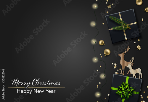 Merry Christmas and Happy New Year card. Xmas composition with bauble balls, gift boxes, fir branch and wooden deers. Winter holidays decorative border. Vector illustration