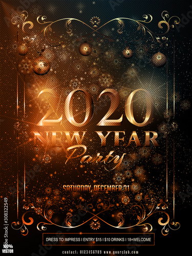 2020 Happy New Year or Merry Christmas Flyers design. Golden snowflake, golden floral ornament, light effect on brown background. Elements are layers separately in vector file. EPS 10