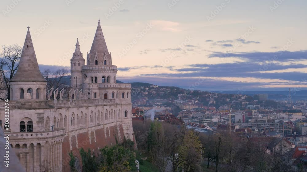 Towers of the Fisherman's Bastion against the background of a dawn sky. Budapest, Hungary Towers of the Fisherman's Bastion against the background of a dawn sky. Budapest, Hungary
