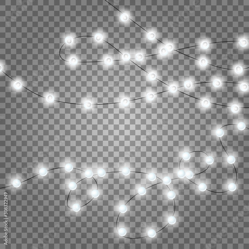 Christmas realistic lights set, lying white color garlands, New Year design, festive decorations on transparent background. Flat vector illustration. Separated editable elements for flatlay design.