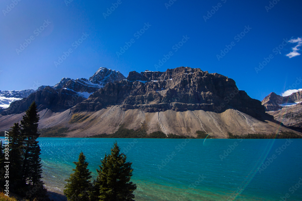 Blue glacial lake in Banff National Park in Canada