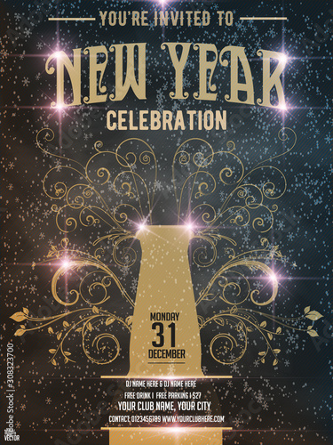 New year banner with beer bottle, light effect, sparkles,floral ornament, snowflake on black grunge snow background. Abstract New Year's background of alcohol drink. Vector EPS 10