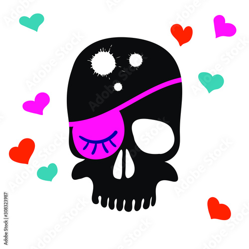 Skull with one eye patch on a white background, hearts. Vector illustration