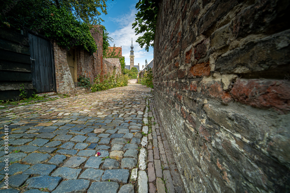 View through a narrow alley paved with cobble stones in the Dutch city