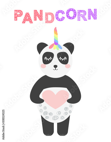 Pandacorn. Cute panda with a unicorn horn in the color of the rainbow. illustration in the Scandinavian style.