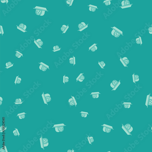 Green Marzipan sponge cake icon isolated seamless pattern on green background. Merry Christmas and Happy New Year. Vector Illustration
