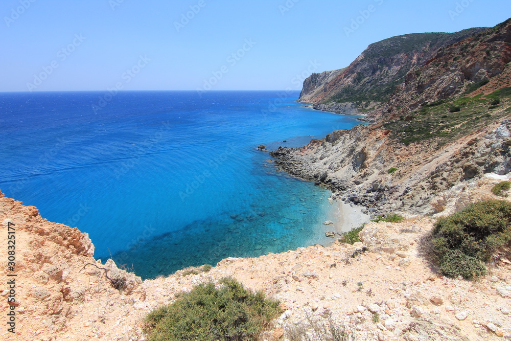 Landscape view of turqouise blue water in Milos, Greece