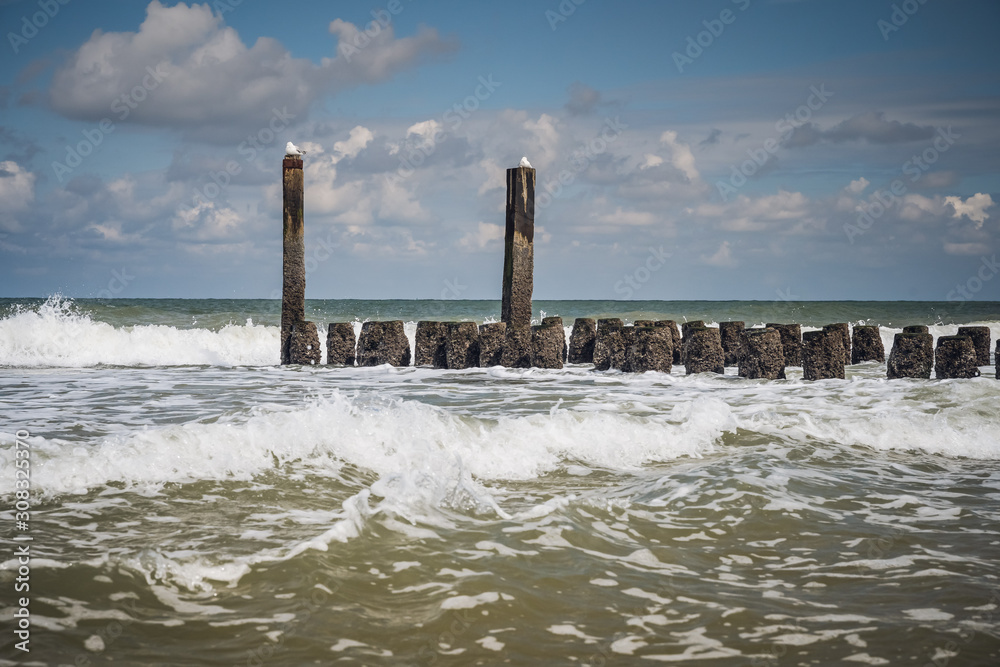 Splashing waves of the North Sea on the wooden breakwaters of the Dutch coast