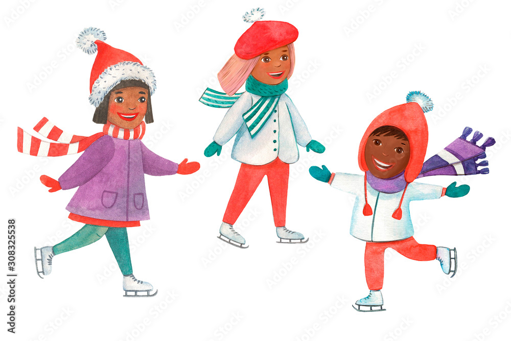 Watercolor black skin little girls and funny black skin boy skates on ice isoleted on white background. Winter characters, kids. Winter outside kid's playing. Merry Christmas and Happy New Year. Watercolor black skin little girls and funny black skin boy skates on ice isoleted on white background. Winter characters, kids. Winter outside kid's playing. Merry Christmas and Happy New Year.